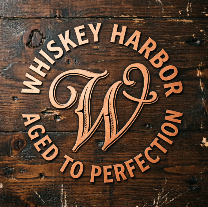  A vintage 1:1 whiskey label monogram. An ornate, bold letter 'W' in a Victorian script style. The circular text around it is 'WHISKEY HARBOR' and 'AGED TO PERFECTION'. Colors are copper-orange on a dark oak wood texture background. Distressed, antique feel.
