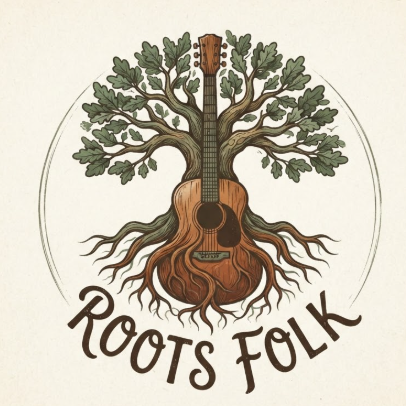 A 1:1 rustic band logo. A hand-drawn style silhouette of an acoustic guitar, where the body of the guitar blends into the roots of an old oak tree. Earthy colors like sage green and warm brown. The text "ROOTS FOLK" is written in a handwritten, organic cursive font below the tree roots. Natural and peaceful vibe.
