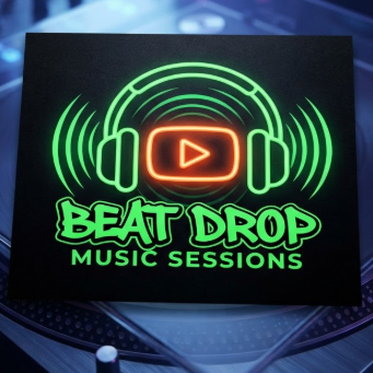 A 1:1 vibrant music YouTube logo. A minimalist headphone icon where the earcup is a glowing orange play button. Soundwave patterns pulse from the center. High-contrast neon green and black palette. "BEAT DROP" in bold graffiti-style font. The logo is printed on a professional DJ turntable cover.