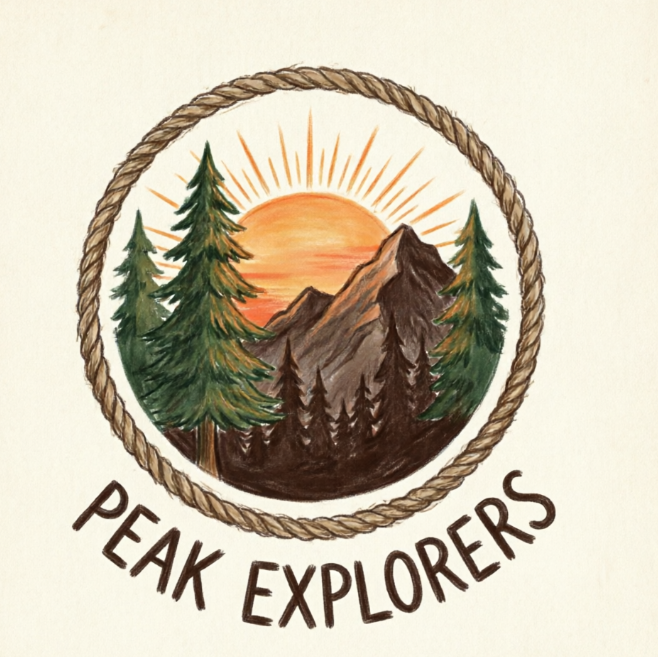 A 1:1 outdoor sports logo. A circular badge depicting a silhouette of pine trees and a mountain peak during sunrise. Earthy forest green, sunset orange, and dark brown colors. Hand-drawn rustic typography reads "PEAK EXPLORERS". Encased in a rope-textured circular border.