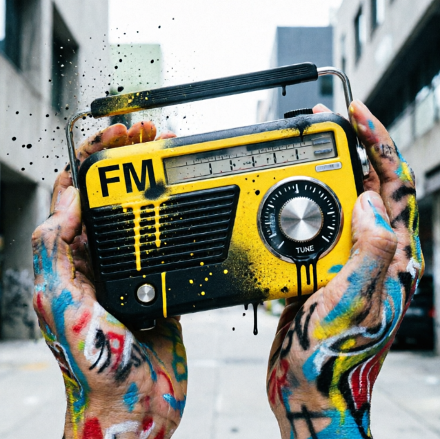 1:1 edgy urban symbol. A stylized boombox held up by two hands with colorful graffiti textures. Vibrant yellow and black palette with realistic paint splatters and drips.