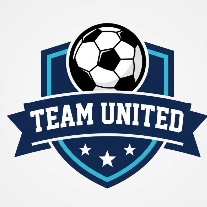 A 1:1 flat 2D vector football logo. A traditional navy blue shield with a cyan inner lining. A high-contrast white and black soccer ball is positioned at the top center, partially overlapping the shield's edge. A wide navy blue ribbon curves across the middle, featuring the text "TEAM UNITED" in a bold white athletic font. Three white stars are arranged in an arc at the bottom tip of the shield. Solid light grey background.