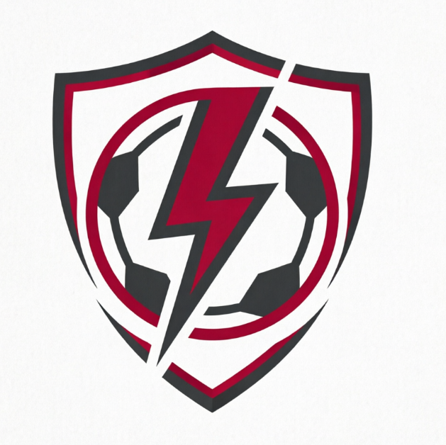 A minimalist 1:1 soccer logo featuring a sharp, shield-shaped frame. The logo uses a vibrant crimson and charcoal grey color palette. A stylized, geometric soccer ball is integrated into a lightning bolt motif. Bold, slanted sans-serif typography for the team name. Flat design, clean lines, white background.