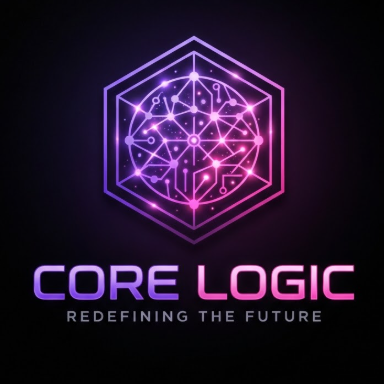 A minimalist 1:1 tech team logo. The icon is a geometric hexagon made of glowing circuit lines and nodes, symbolizing a network. Colors are electric violet and neon pink. Set against a pitch-black background. The main text "CORE LOGIC" is in a futuristic wide-set font, with the slogan "REDEFINING THE FUTURE" in light grey.