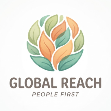 A warm 1:1 community logo. A circular icon composed of colorful overlapping organic leaf shapes representing a diverse team. Soft palette: pastel green, orange, and teal. Clean white background. The text "GLOBAL REACH" is in a friendly rounded serif font, slogan "PEOPLE FIRST" in a simple italic font below.