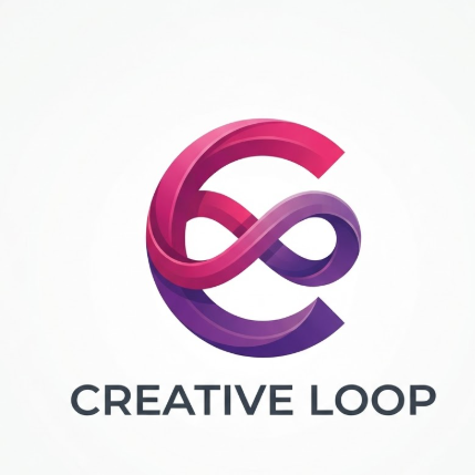 A 1:1 creative vector logo of the letter 'C'. The letter is formed by a single continuous ribbon that twists into an infinity loop. Colors feature a vibrant magenta and violet gradient. Below, "CREATIVE LOOP" is written in a minimalist lowercase sans-serif font. Pure white background.
