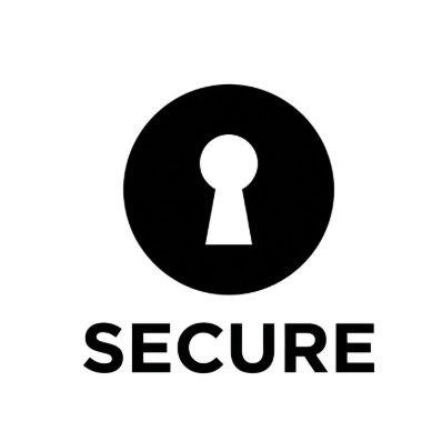 A 1:1 sturdy 2D vector logo. A solid black circle featuring a white minimalist keyhole icon in the middle. The keyhole is perfectly vertical and centered. Below the icon, the text "SECURE" is written in an all-caps, heavy architectural font. Sharp, high-contrast flat design on a white background.