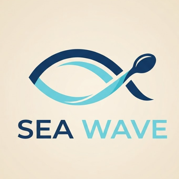 A 1:1 clean vector logo for a seafood restaurant. A stylized fish silhouette is formed by two elegant curved lines in teal and navy blue. The tail of the fish subtly resembles a spoon handle. The icon is placed on a light sandy-colored background. Typography "SEA WAVE" is in a modern, breezy font.