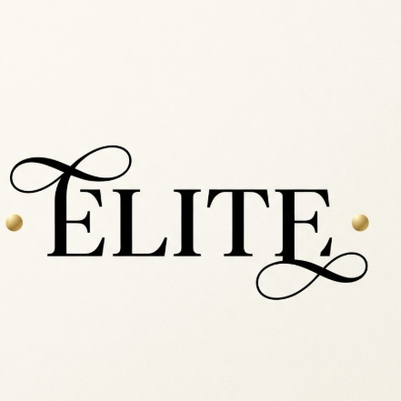 A 1:1 elegant 2D flat logo on a soft cream background. The word "ELITE" is rendered in a high-contrast black serif font with elongated swashes on the first and last letters. Two small gold dots flank the word horizontally. The design exudes high-end fashion and prestige.