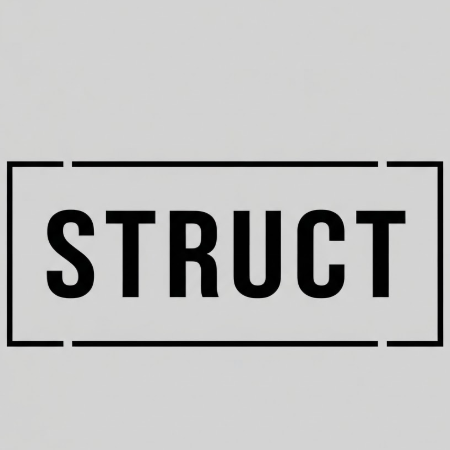 A 1:1 geometric 2D logo on a light concrete-grey background. The word "STRUCT" is written in a heavy black font where the vertical strokes are slightly thicker than the horizontal ones. The entire word is housed within a thin black rectangle frame that has its corners open.
