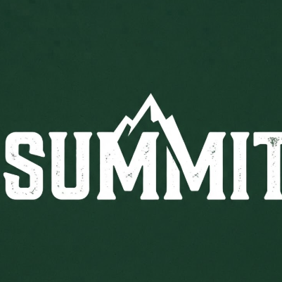 A 1:1 rugged 2D vector logo. A forest green background with the word "SUMMIT" in a heavy white slab-serif font. The top part of the letter 'M' is modified to resemble a sharp mountain peak. The design is bold and symmetrical.