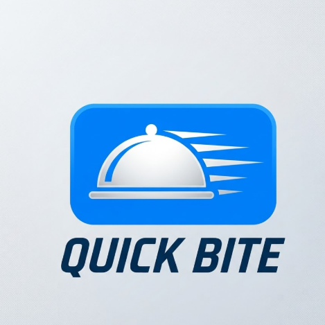 A 1:1 high-tech vector logo for a food delivery service. The icon shows a white cloche with three dynamic horizontal speed lines behind it, creating a sense of movement. The icon is set within a rounded rectangular button shape in bright electric blue. The text "QUICK BITE" is in a modern, italicized sans-serif font below.