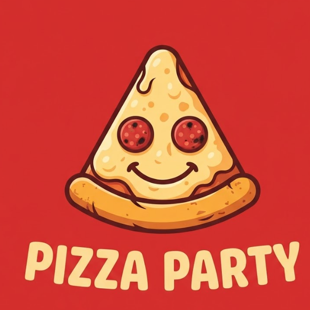 A 1:1 playful vector logo for a pizzeria. The icon is a triangular pizza slice where the crust forms a smile. Two pepperoni circles act as eyes. The colors are warm yellow, vibrant red, and toasted brown. The font "PIZZA PARTY" is bubbly and bold, set against a solid red background.