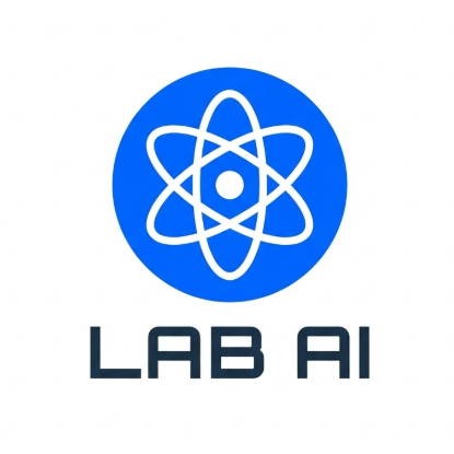 A 1:1 geometric 2D vector logo. A solid electric blue circle featuring a white stylized atom icon in the center. The lines of the atom are uniform in thickness. Set against a pure white background. The typography "LAB AI" is in a modern, futuristic block font below the symbol.