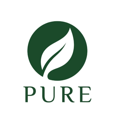 A 1:1 minimalist 2D vector logo on a crisp white background. A solid forest green circle contains a negative space white leaf silhouette curving upwards. Below the icon, the word "PURE" is printed in a dark green lowercase serif font. The design uses zero gradients and high-contrast flat colors.