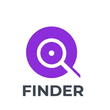 A 1:1 modern 2D vector logo. A vibrant purple circle integrated with a white magnifying glass icon. The handle of the magnifying glass extends slightly outside the circle at a 45-degree angle. Clear white background. Underneath, "FINDER" is written in a clean, contemporary sans-serif font.