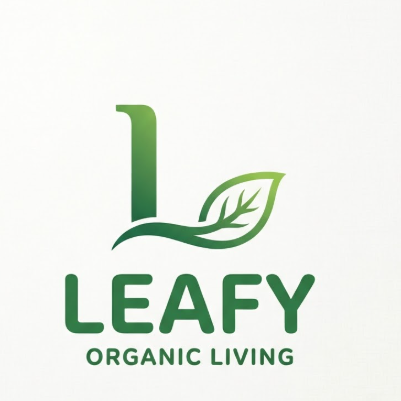  A minimalist 1:1 vector logo of the letter 'L'. One side of the 'L' curves into a delicate leaf shape. The color palette is forest green and lime green. Below the icon, "LEAFY" is written in a rounded, friendly font, with "ORGANIC LIVING" as the slogan. Isolated on an off-white background.