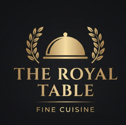A 1:1 vector logo for a luxury restaurant. The icon features a minimalist golden cloche (serving plate cover) with a single elegant laurel leaf stem beside it. The background is a solid deep matte black. Below the icon, the text "THE ROYAL TABLE" is written in a sophisticated serif gold font, with "FINE CUISINE" as a smaller slogan underneath. The design is symmetrical and high-end.