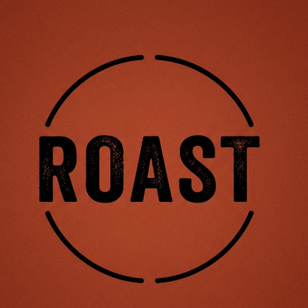 A 1:1 warm 2D vector logo. A brown-sugar colored background featuring the word "ROAST" in a bold, hand-stamped style black font. The letters have slightly irregular edges. A circular thin line encloses the text, but the line is broken at the top and bottom.