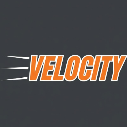 A 1:1 dynamic 2D sports logo. A dark grey background with the word "VELOCITY" in a slanted, blocky orange font. The letters have a white inner stroke and sharp cutouts on the corners to suggest speed. Three thin white speed lines trail from the left side of the word.