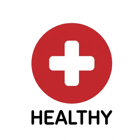A 1:1 crisp 2D vector logo on a white background. A solid red circle with a white symmetrical medical cross in the center. The cross has rounded corners for a modern look. Underneath the icon, "HEALTHY" is printed in a friendly, rounded black font. Flat icon style, no shadows.