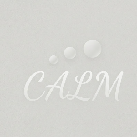 A 1:1 peaceful 2D logo on a pale stone-colored background. The word "CALM" is written in a very light grey, elegant cursive script. Above the text, three dots of increasing size are arranged in a horizontal arc, symbolizing rising energy or bubbles. Very airy and light aesthetic.