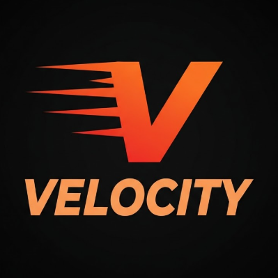  A dynamic 1:1 vector logo of the letter 'V'. The letter is slanted and has three trailing lines to its left, suggesting high speed. Vibrant orange and red gradients are used. Below the icon, "VELOCITY" is in an italicized, high-speed bold font. Placed on a black background for maximum contrast.