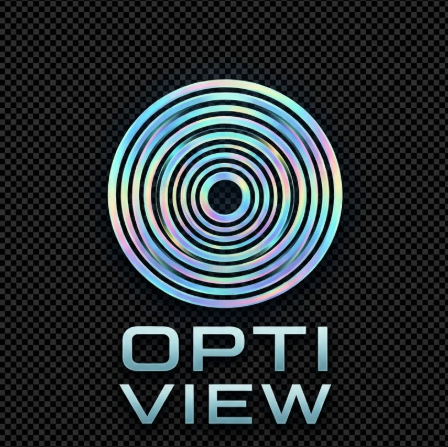 A futuristic 1:1 vector logo of the letter 'O'. The 'O' is composed of concentric rings with a holographic iridescent color effect. Below the icon, "OPTI VIEW" is in a futuristic wide-spaced font. Placed on a black background to enhance the rainbow glow of the rings.