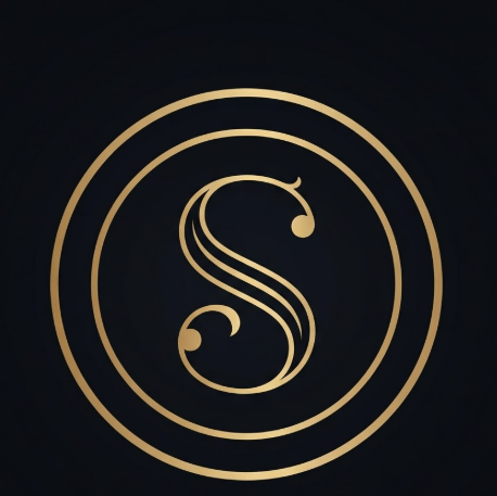 A 1:1 elegant 2D vector monogram logo. A thin, perfectly circular golden outline. Inside, a sophisticated serif letter 'S' is drawn with a graceful curve and two small decorative dots. Set on a solid deep black background. The typography is refined and luxurious.
