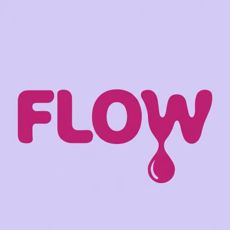 A 1:1 vibrant 2D logo. On a light violet background, the word "FLOW" is rendered in a soft, liquid-like magenta font. The bottom of the letter 'W' extends into a single, perfectly rounded drop shape. Flat colors with no gradients.