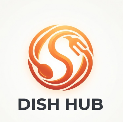 A 1:1 modern vector logo featuring a stylized spoon and fork interlocking in a circular motion, creating an 'S' shape negative space. The colors are warm orange and sunset yellow gradients, giving a glowing effect. The background is off-white. Bold sans-serif text "DISH HUB" is centered below. The lines are smooth, clean, and highly scalable.