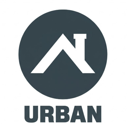 A 1:1 high-contrast 2D flat logo. A dark charcoal grey circle with a negative space white gable roof and a simple chimney icon inside. The design uses clean, thick lines for maximum scalability. Below the circle, the text "URBAN" is written in a strong, heavy sans-serif font. Solid white background.