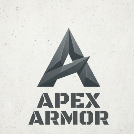  A heavy 1:1 vector logo of the letter 'A'. The letter is shaped like a sharp upward arrow or a mountain peak, using bold triangular segments. Color is industrial grey. Below the icon, "APEX ARMOR" is written in a stencil-style bold font. Isolated on a light concrete texture background.