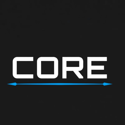 A 1:1 professional 2D vector word logo on a solid charcoal black background. The word "CORE" is written in a futuristic, bold white sans-serif font. A thin, horizontal electric-blue line sits perfectly centered beneath the text, with its ends tapering into sharp points. Perfectly symmetrical and minimalist.