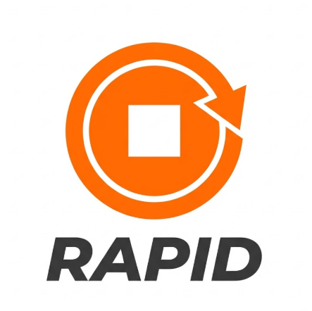 A 1:1 dynamic 2D vector logo on a white background. A bright orange circle where the outer edge transforms into a fast-moving arrow head pointing clockwise. In the center, a simple white box icon is placed. Below, the text "RAPID" is written in an italicized, high-speed bold font.