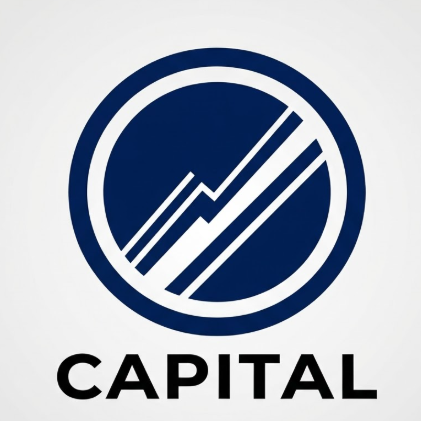 A 1:1 flat 2D vector emblem on a light grey background. A navy blue circle is divided by three thin white diagonal stripes of varying widths, suggesting upward growth. A thick navy blue outer ring encircles the icon. Beneath, the text "CAPITAL" appears in a bold, wide-spaced black sans-serif font.