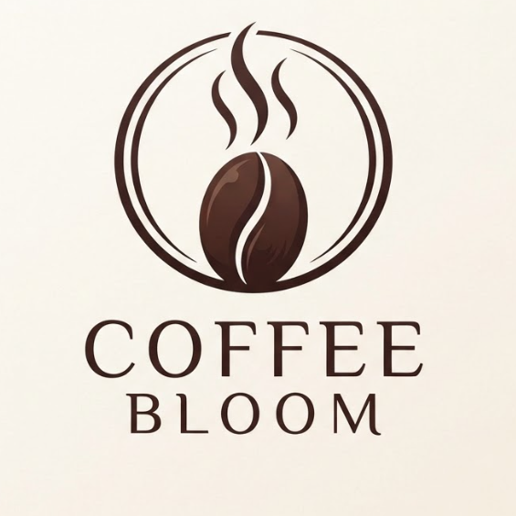 A 1:1 sophisticated logo for a coffee brand. The icon features a single dark brown coffee bean in the center, with three wisps of steam above it that curve into a circular shape. The color palette uses mocha brown and soft cream. The font "COFFEE BLOOM" is elegant and minimalist, placed underneath the circular icon.