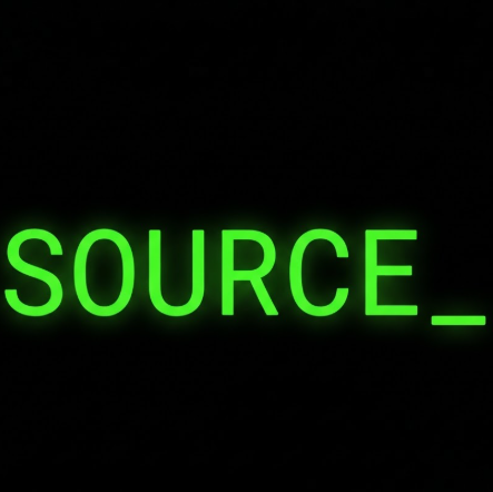 A 1:1 digital 2D logo. A solid black background with the word "SOURCE" in a bright neon-green monospaced font, reminiscent of code editors. A blinking underscore character "_" is placed at the end of the word. High contrast and retro-tech feel.
