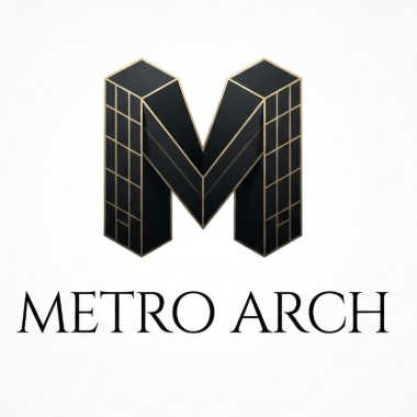  A sharp 1:1 vector logo featuring the letter 'M' designed to look like a pair of modern skyscrapers. The lines are extremely clean and use an isometric perspective. Color is matte black with a hint of gold on the edges. Below the graphic, "METRO ARCH" is written in a thin, elegant serif font. Pure white background.