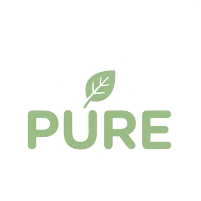 A 1:1 minimalist 2D logo on a crisp white background. The word "PURE" is written in a lowercase, rounded sage-green font. A small, simple leaf icon in the same color is integrated into the dot of the letter 'i' or floating slightly above the 'E'. Zero shadows, pure flat design.