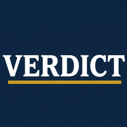 A 1:1 sturdy 2D vector emblem. On a deep navy blue background, the word "VERDICT" is displayed in a heavy, white Roman serif font. Below the text is a thick golden-yellow underline that is slightly shorter than the word itself. Clean, sharp lines conveying trust and legal power.
