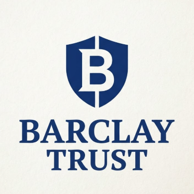 A 1:1 solid vector logo of the letter 'B'. The letter is integrated into a shield silhouette using negative space. Color is deep royal blue. Below the icon, "BARCLAY TRUST" is written in a formal, authoritative serif font. The logo conveys stability and security. Isolated on a light paper texture background.