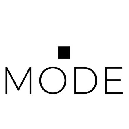A 1:1 stark 2D logo. Pure white background with the word "MODE" in an ultra-thin, wide-spaced black sans-serif font. A small black square is placed precisely above the center of the word. Perfect use of negative space and balance.