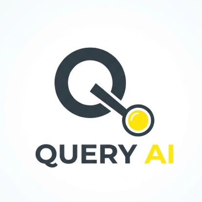 A 1:1 minimalist vector logo of the letter 'Q'. The tail of the 'Q' is subtly integrated with a magnifying glass handle. Colors are bright yellow and dark grey. Below the icon, "QUERY AI" is written in a clean tech-style font. Pure white background.