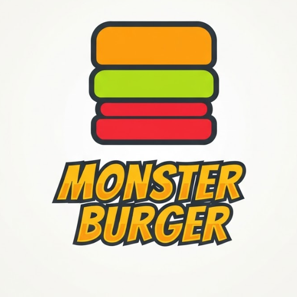 A 1:1 vibrant vector logo for a burger shop. The icon is a geometric abstraction of a burger using three thick, colorful bands: orange (bun), green (lettuce), and red (tomato). The style is flat and playful. Below the icon, "MONSTER BURGER" is written in a heavy, slanted comic-style font. The colors are high-contrast and energetic.