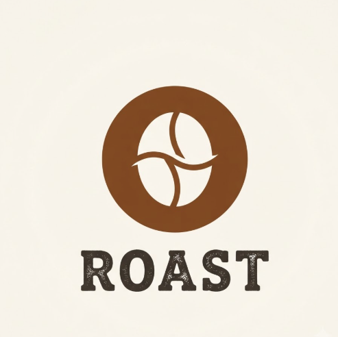 A 1:1 warm 2D flat vector logo. A brown circle featuring a white negative space coffee bean icon in the center. The bean is split into two halves with a subtle wave line. Below the circle, the text "ROAST" is printed in a rugged, textured hand-stamped font. Solid off-white background.
