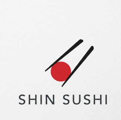 A 1:1 minimalist logo for a sushi restaurant. Two simple black strokes represent chopsticks holding a bright red circle that looks like both a piece of tuna and the rising sun. Below the icon, "SHIN SUSHI" is written in a clean, wide-spaced sans-serif font. The layout is balanced, embodying Japanese Zen aesthetics on a light grey background.