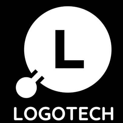 A 1:1 professional 2D flat vector logo on a solid black background. The design features a large white solid circle with a smaller satellite circle attached at the 8 o'clock position via a thick line. Inside the main circle, a bold, sans-serif letter 'L' is centered. Below the icon, the text "LOGOTECH" is written in a clean white rounded font. Perfectly symmetrical geometry with sharp edges.