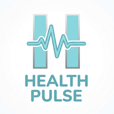 A 1:1 clean vector logo of the letter 'H'. The horizontal bar of the 'H' is replaced by a heartbeat pulse line. Colors are soft teal and silver grey. Below the icon, "HEALTH PULSE" is written in a friendly rounded font. Isolated on a white background.