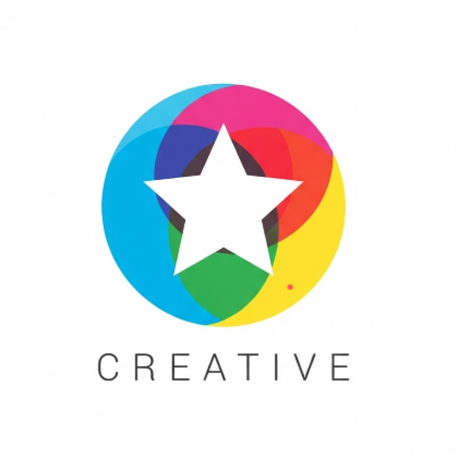 A 1:1 vibrant 2D flat logo. A circle composed of three overlapping sectors in primary colors: cyan, magenta, and yellow. A white star icon is cut out from the center of the overlap. The logo is displayed on a pure white background with the text "CREATIVE" in a minimalist thin font below.